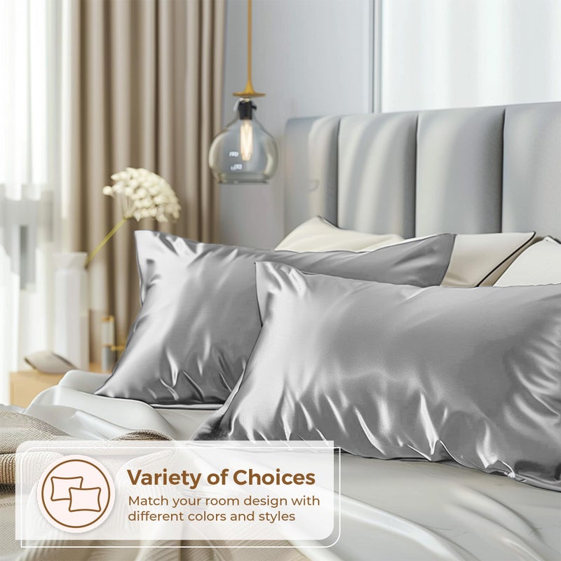 Pure Bedding طقم غطاء وسادة من الساتان النقي من قطعتين - مقاس كوين (20 بوصة × 30 بوصة رمادي) - أغطية وسائد حريرية للشعر والبشرة - أغطية وسائد من الساتان مع إغلاق مغلف - ألياف دقيقة فائقة النعومة - Image 4
